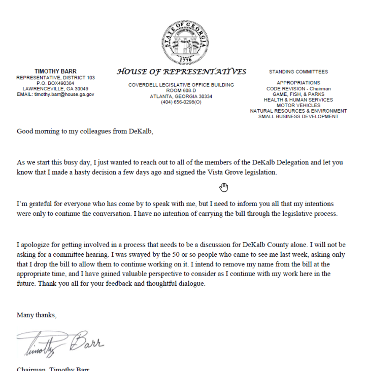 Republican Georgia State Representative Timothy Barr's letter to the DeKalb delegation removing his name off of the Vista Grove bill